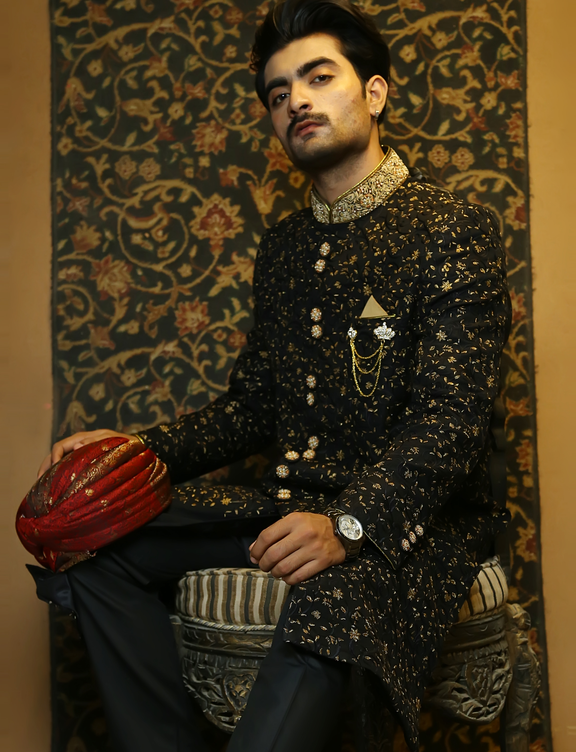 Classic Black Traditional Handwork and Embroidered Sherwani Set ...