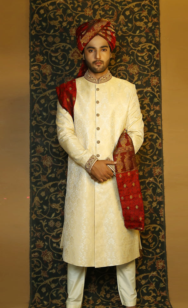 Rich and Elegant Light Fawn Traditional  Jamawar Sherwani Set.