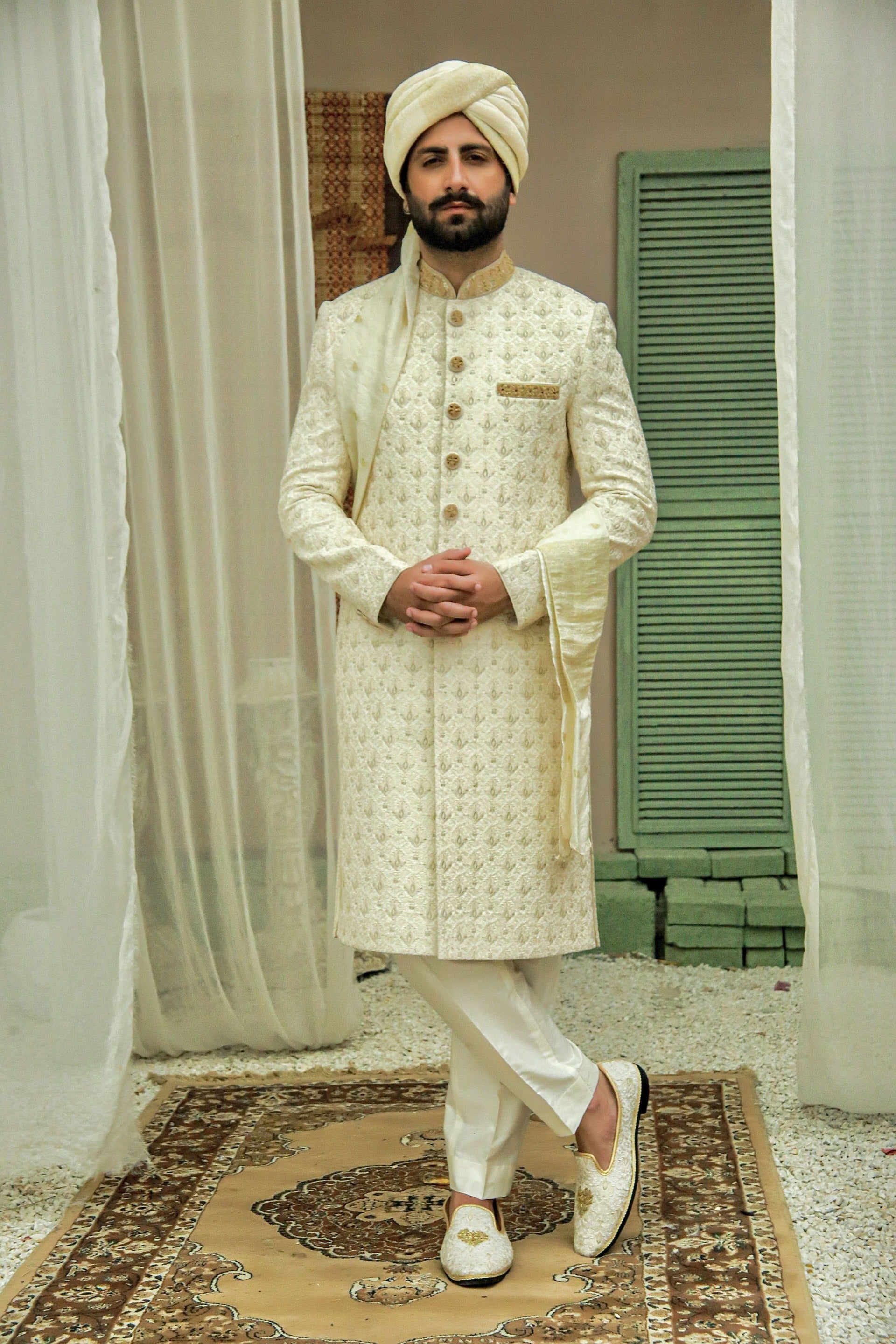 Cream Royal Traditional Handwork and Embroidered Sherwani Set – Sajjad ...
